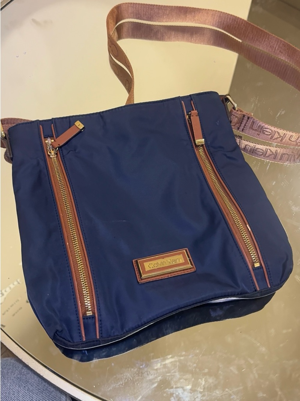 Calvin Klein Blue Crossbody with Tan Trim and Gold Plaque